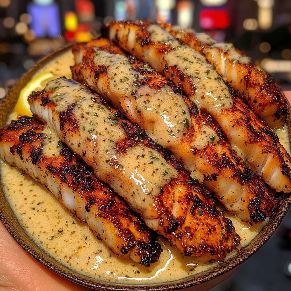 bâtonnets de cabillaud dorés au beurre d’ail avec sauce crémeuse au citron et persil frais servis dans une poêle