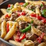 pâtes crémeuses au bœuf haché et poivrons colorés dans une sauce au parmesan avec persil frais dans une grande poêle