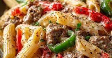 pâtes crémeuses au bœuf haché et poivrons colorés dans une sauce au parmesan avec persil frais dans une grande poêle