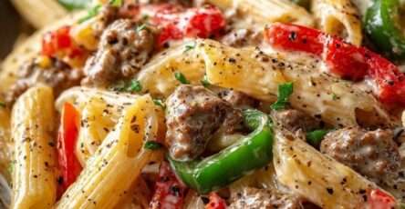 pâtes crémeuses au bœuf haché et poivrons colorés dans une sauce au parmesan avec persil frais dans une grande poêle