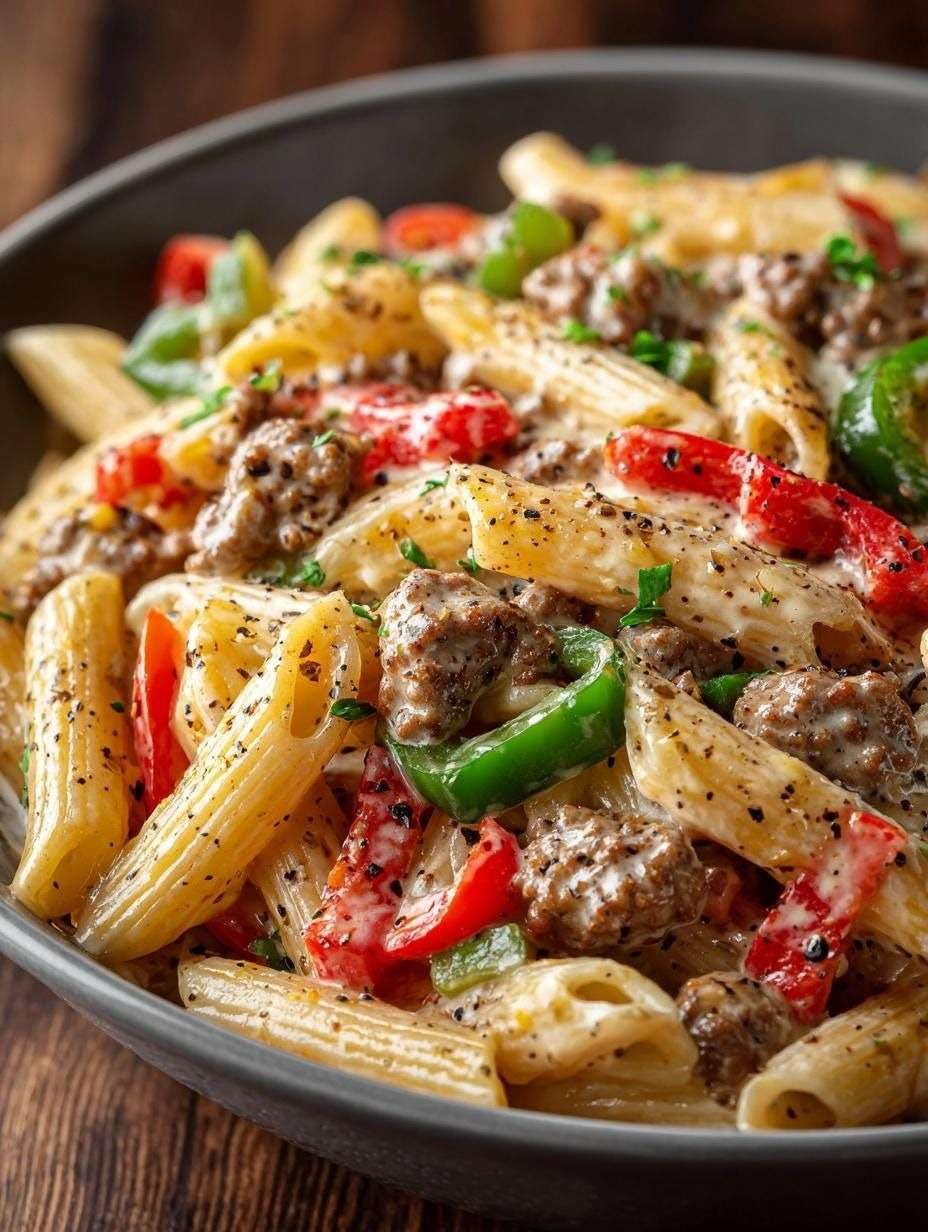 pâtes crémeuses au bœuf haché et poivrons colorés dans une sauce au parmesan avec persil frais dans une grande poêle