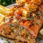 filet de saumon rôti au four farci aux crevettes et fromage crémeux avec persil frais et quartiers de citron