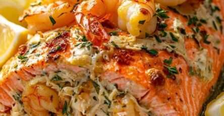filet de saumon rôti au four farci aux crevettes et fromage crémeux avec persil frais et quartiers de citron