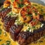 steak de bœuf grillé garni de crevettes dorées avec sauce crémeuse à l’ail et parmesan dans une poêle