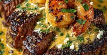 steak de bœuf grillé garni de crevettes dorées avec sauce crémeuse à l’ail et parmesan dans une poêle