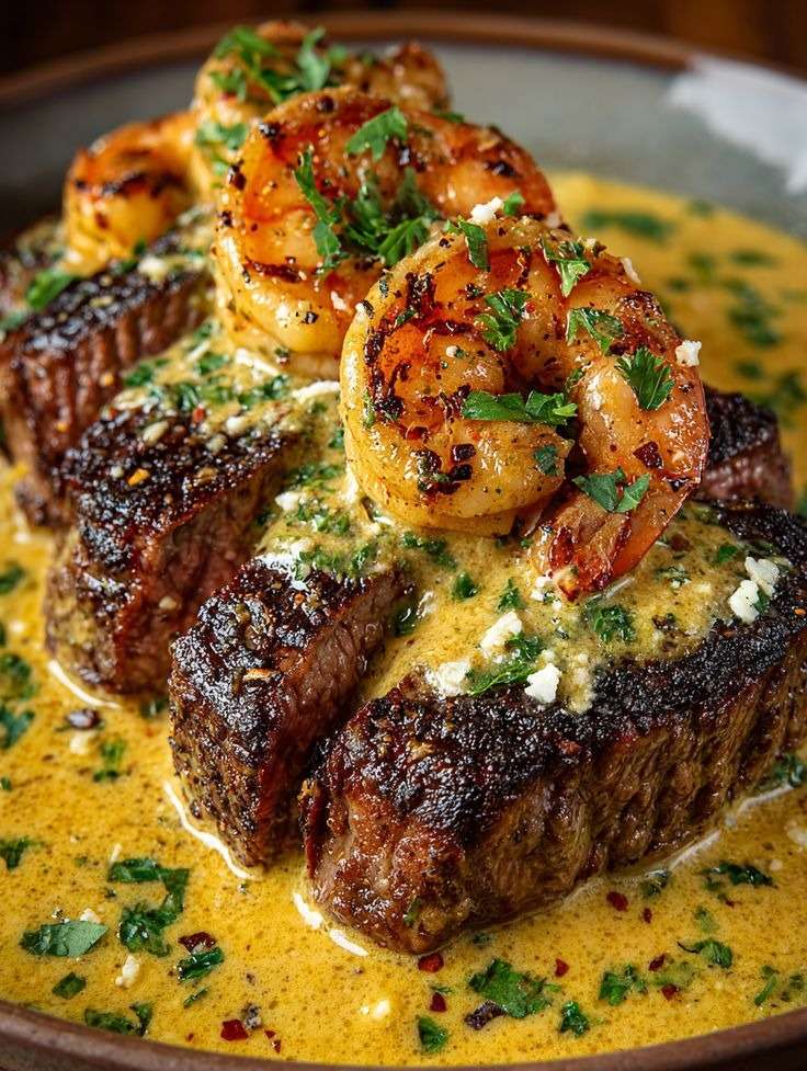 steak de bœuf grillé garni de crevettes dorées avec sauce crémeuse à l’ail et parmesan dans une poêle