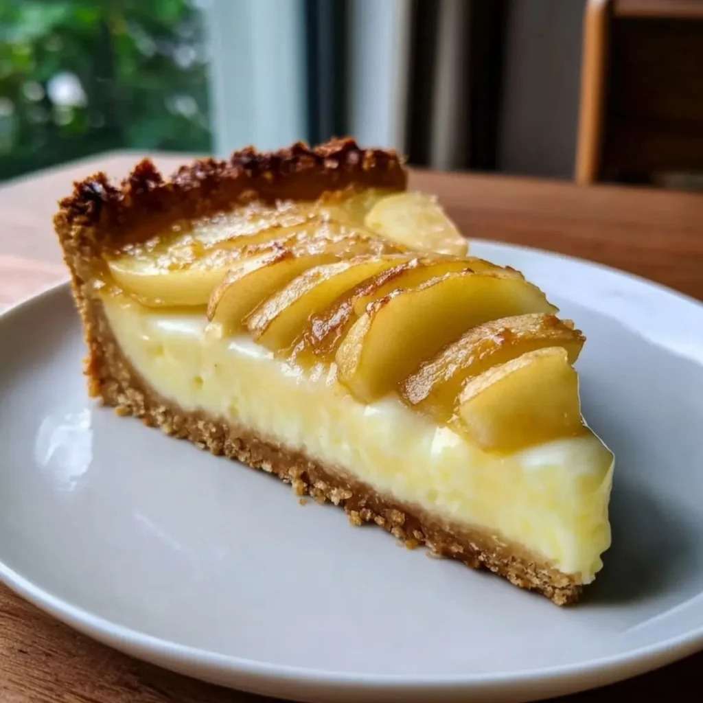 Tarte au mascarpone et à la pomme cuite au four, garnie de fines tranches de pommes disposées en rosace sur une crème onctueuse, avec une pâte sablée dorée et croustillante.
