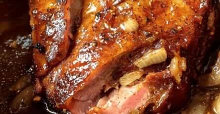 Rouelle de porc confite servie dans une cocotte avec une sauce brune aux oignons caramélisés et à l’ail, viande fondante nappée généreusement, plat rustique et familial.