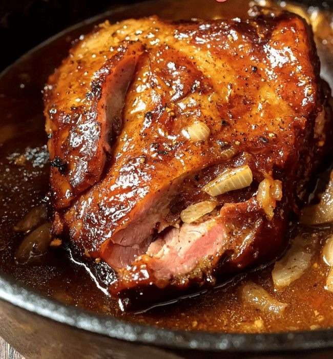 Rouelle de porc confite servie dans une cocotte avec une sauce brune aux oignons caramélisés et à l’ail, viande fondante nappée généreusement, plat rustique et familial.