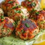 Boulettes de saumon dorées au four servies avec une crème d’avocat onctueuse et citronnée, décorées de persil frais sur une assiette claire.