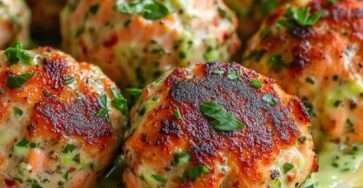 Boulettes de saumon dorées au four servies avec une crème d’avocat onctueuse et citronnée, décorées de persil frais sur une assiette claire.