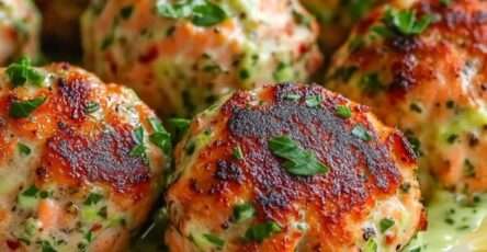 Boulettes de saumon dorées au four servies avec une crème d’avocat onctueuse et citronnée, décorées de persil frais sur une assiette claire.