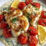 Filets de cabillaud dorés servis dans une sauce crémeuse au citron avec des tomates cerises rôties et des herbes fraîches dans une poêle.