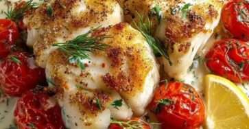 Filets de cabillaud dorés servis dans une sauce crémeuse au citron avec des tomates cerises rôties et des herbes fraîches dans une poêle.