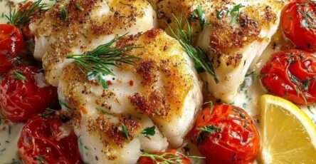 Filets de cabillaud dorés servis dans une sauce crémeuse au citron avec des tomates cerises rôties et des herbes fraîches dans une poêle.