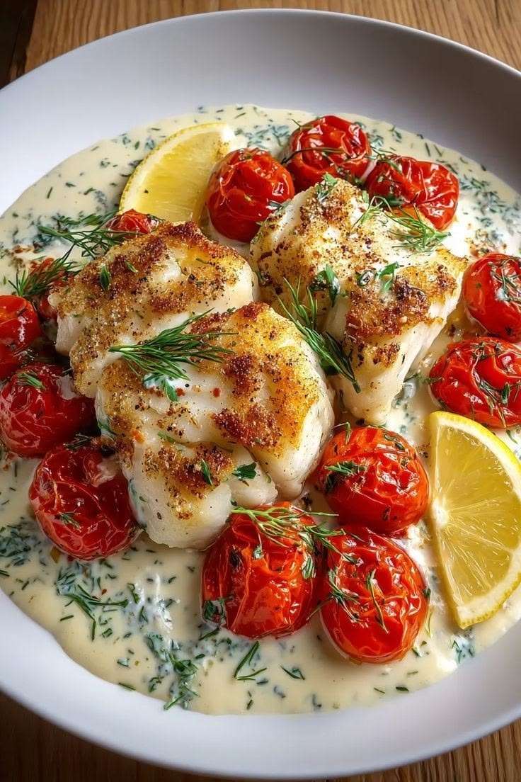 Filets de cabillaud dorés servis dans une sauce crémeuse au citron avec des tomates cerises rôties et des herbes fraîches dans une poêle.