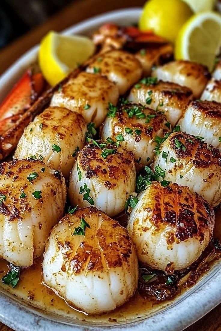 Noix de Saint-Jacques dorées à la poêle nappées de beurre citronné avec persil frais et quartiers de citron dans une assiette élégante.