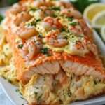 Grand filet de saumon farci au crabe et aux crevettes, garni d’herbes fraîches et de citron, servi doré au four sur un plat élégant.