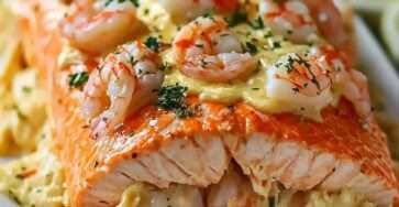 Grand filet de saumon farci au crabe et aux crevettes, garni d’herbes fraîches et de citron, servi doré au four sur un plat élégant.