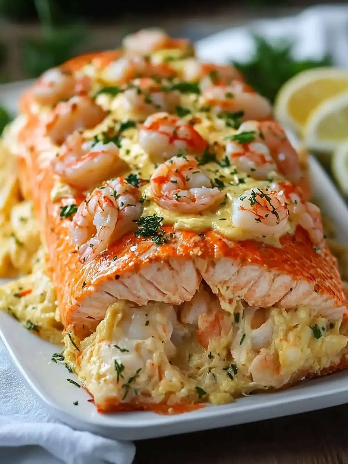 Grand filet de saumon farci au crabe et aux crevettes, garni d’herbes fraîches et de citron, servi doré au four sur un plat élégant.