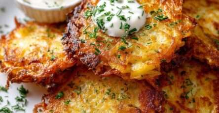 Galettes de pommes de terre dorées et croustillantes servies avec crème fraîche et ciboulette sur une assiette rustique.