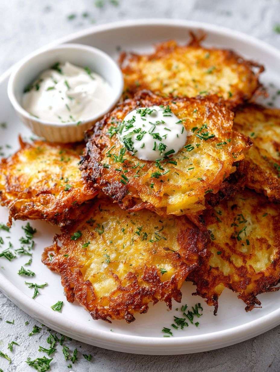Galettes de pommes de terre dorées et croustillantes servies avec crème fraîche et ciboulette sur une assiette rustique.