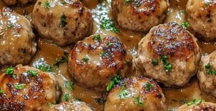 Boulettes de viande dorées mijotées dans une sauce brune onctueuse avec persil frais, servies dans une poêle rustique.