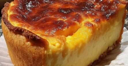 Flan boulanger maison à la vanille sur pâte croustillante, à la surface dorée et légèrement caramélisée, présenté en parts sur une assiette.