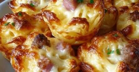 Bouchées moelleuses aux lardons fumés et comté gratiné, dorées au four, servies sur un plateau pour un apéritif maison.