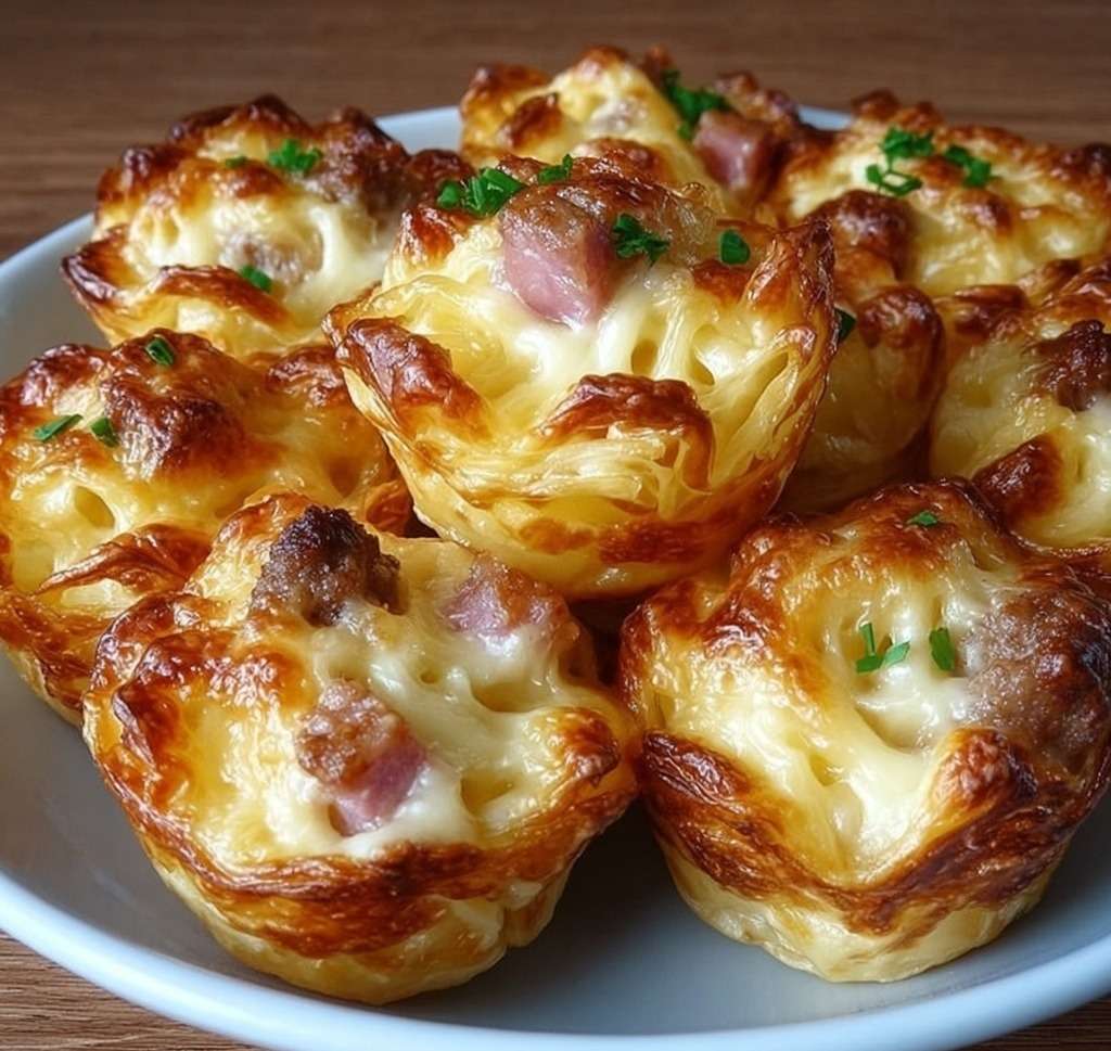 Bouchées moelleuses aux lardons fumés et comté gratiné, dorées au four, servies sur un plateau pour un apéritif maison.