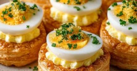 Feuilletés croustillants garnis de crème d’œufs mimosa et décorés de demi-œufs durs, servis sur un plateau pour une entrée élégante.