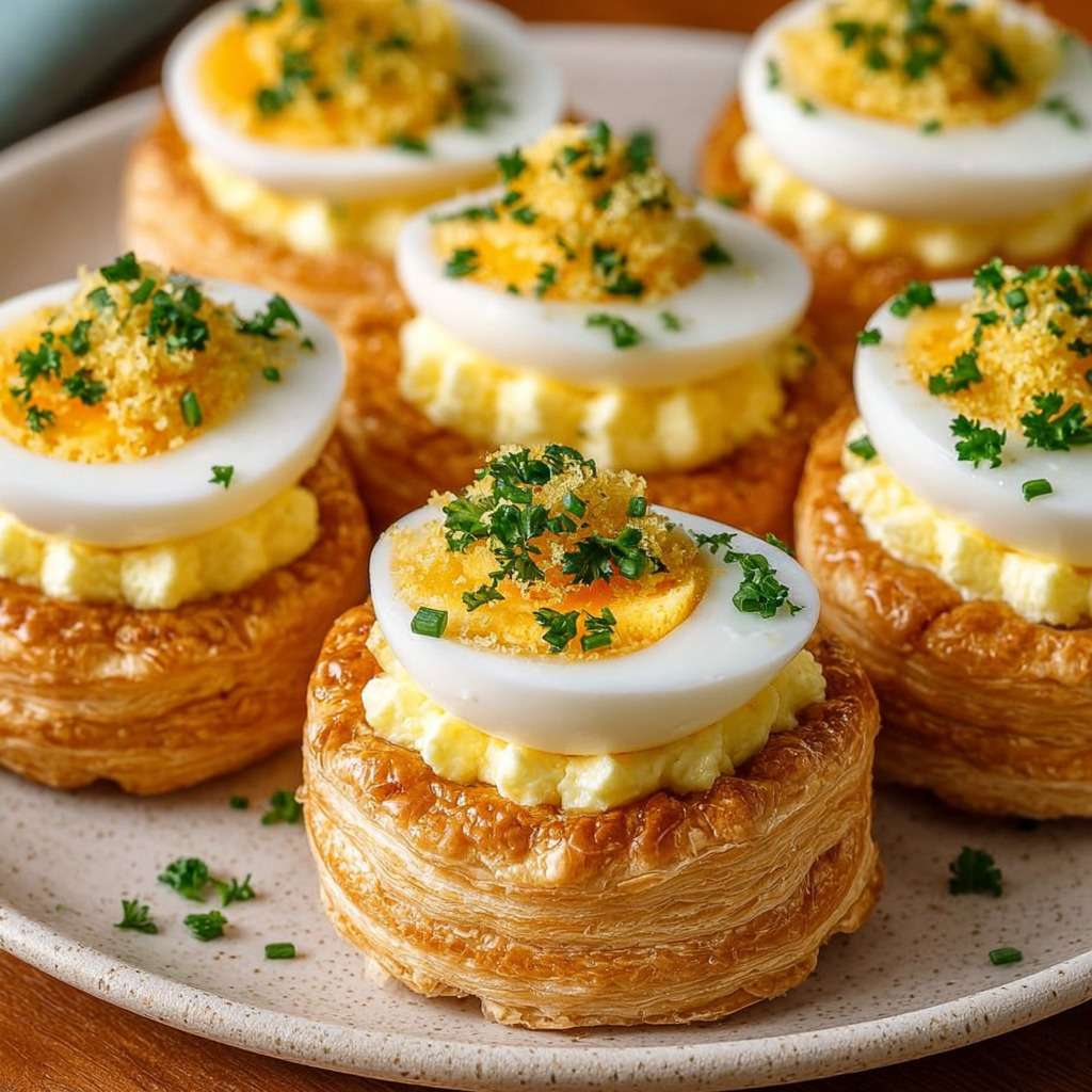 Feuilletés croustillants garnis de crème d’œufs mimosa et décorés de demi-œufs durs, servis sur un plateau pour une entrée élégante.