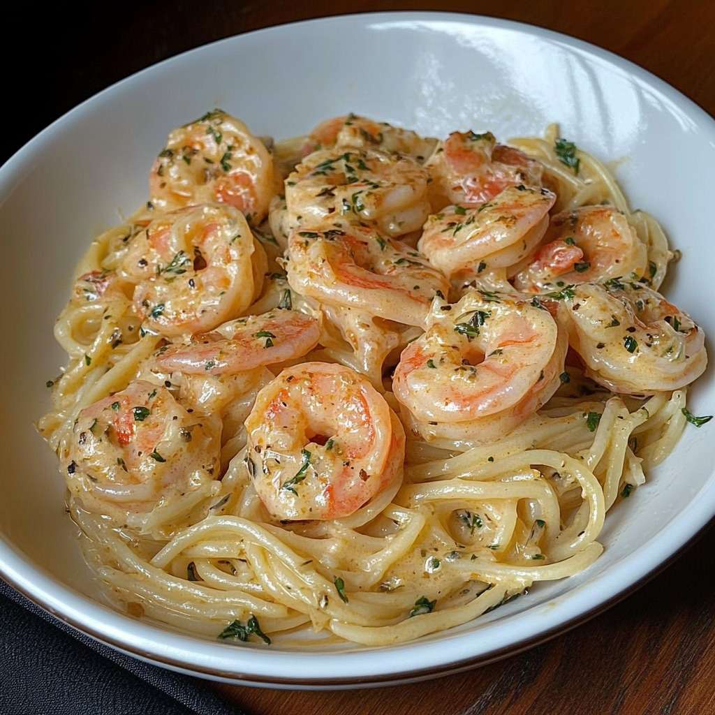 Spaghettis crémeux aux crevettes, ail et parmesan servis dans une assiette avec persil frais et sauce onctueuse.