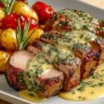 Filet mignon de porc rôti tranché nappé d’une sauce crémeuse à la moutarde et aux herbes fraîches servi avec pommes de terre.
