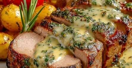 Filet mignon de porc rôti tranché nappé d’une sauce crémeuse à la moutarde et aux herbes fraîches servi avec pommes de terre.