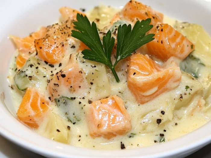 Blanquette de saumon crémeuse avec poireaux et carottes servie dans une assiette avec sauce onctueuse et persil frais.