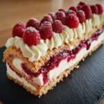 bûche mascarpone framboise avec base biscuitée croustillante, décorée de framboises fraîches et sucre glace.