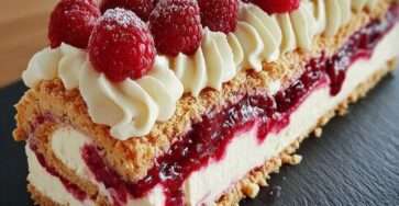 bûche mascarpone framboise avec base biscuitée croustillante, décorée de framboises fraîches et sucre glace.