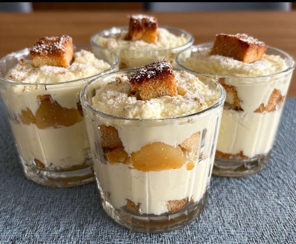 Verrines de tiramisu aux poires avec crème mascarpone onctueuse, biscuits imbibés, morceaux de poires fraîches et légère finition au sucre glace.