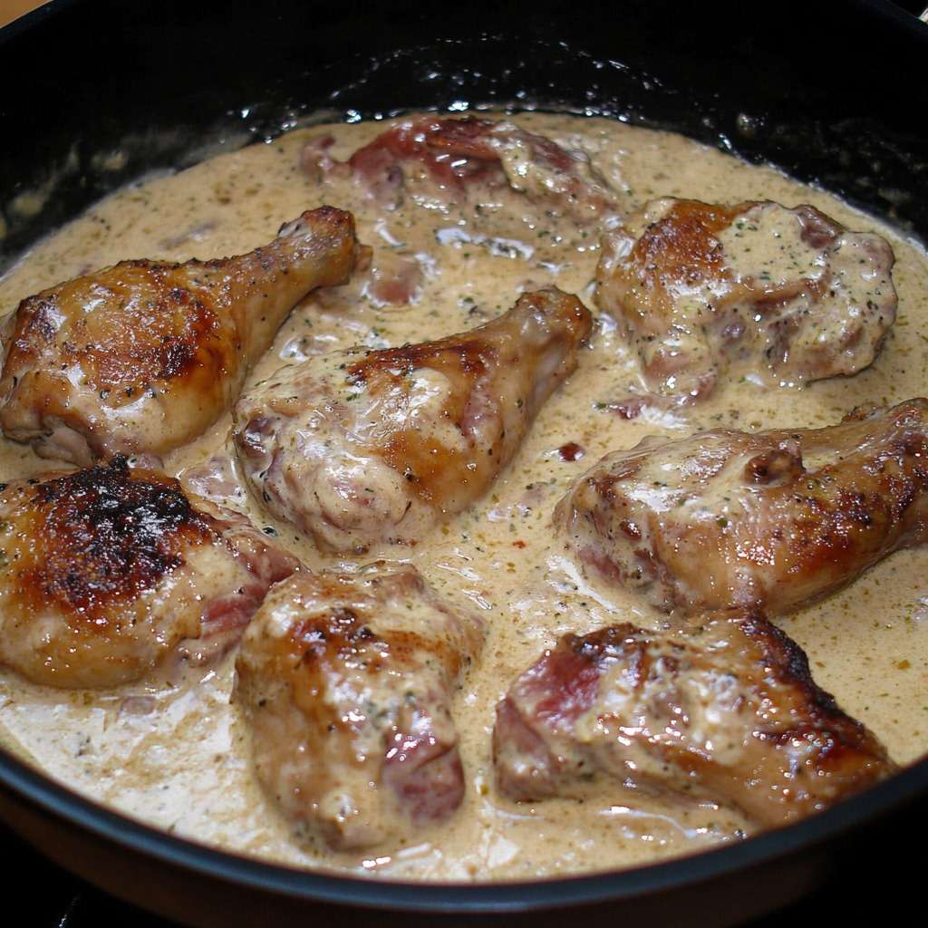 Pilons de poulet dorés nappés d’une sauce crémeuse au Porto avec lardons, persil frais et échalotes dans une poêle rustique.