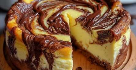 Gâteau marbré chocolat vanille à la texture crémeuse et moelleuse, avec un joli effet marbré et une surface légèrement dorée.