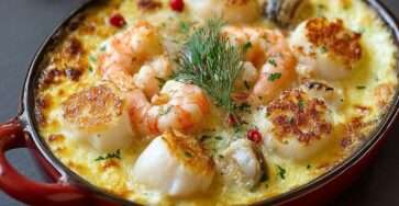 Cassolette de fruits de mer gratinées avec crevettes, moules et Saint-Jacques dans une sauce crémeuse dorée au fromage.