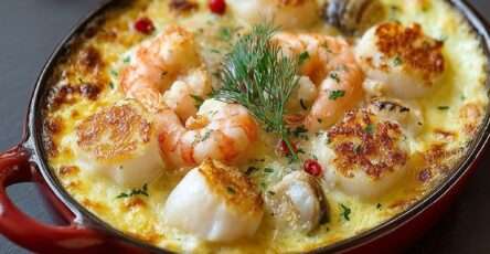 Cassolette de fruits de mer gratinées avec crevettes, moules et Saint-Jacques dans une sauce crémeuse dorée au fromage.