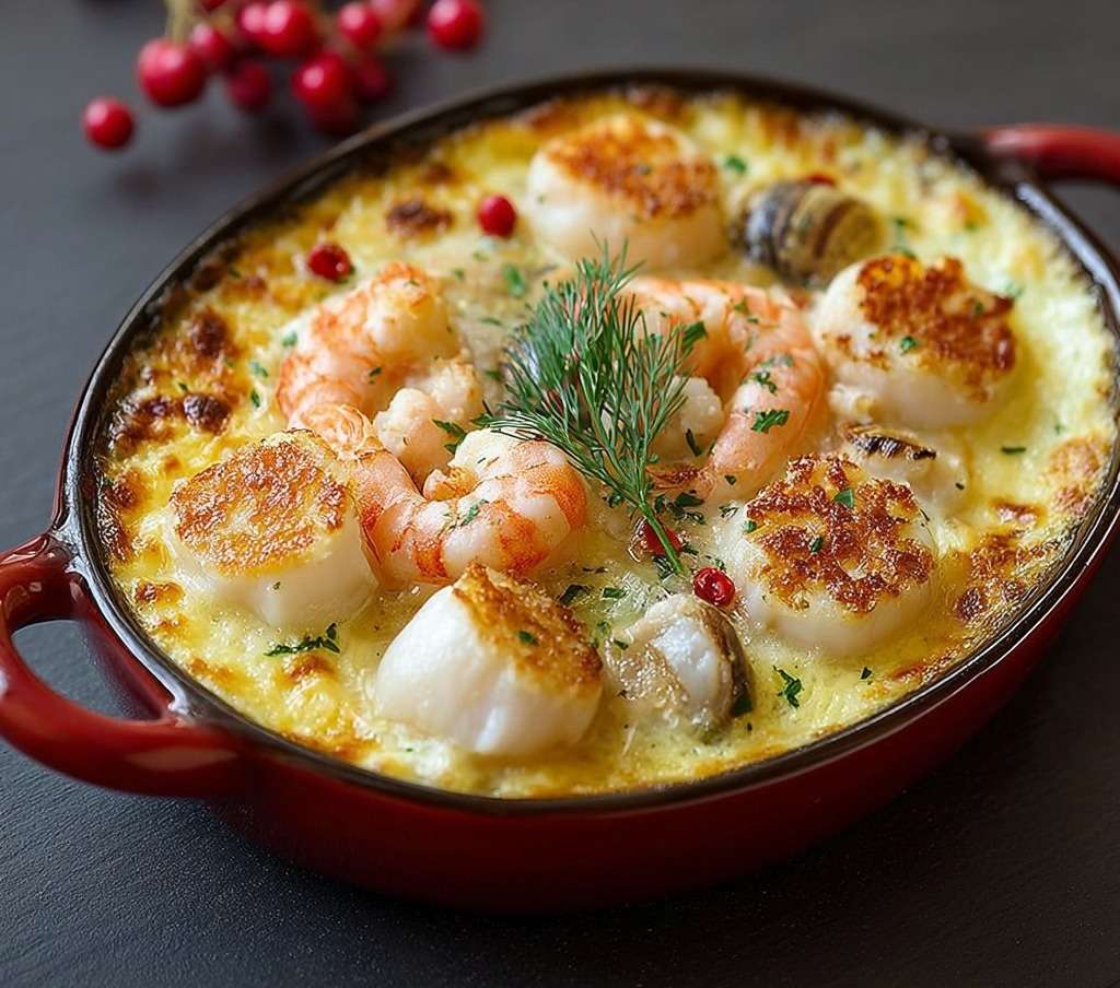 Cassolette de fruits de mer gratinées avec crevettes, moules et Saint-Jacques dans une sauce crémeuse dorée au fromage.