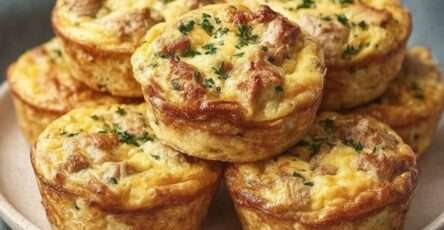 Muffins d’omelette au thon dorés et moelleux, garnis d’herbes et de fromage, servis chauds dans un moule à muffins.