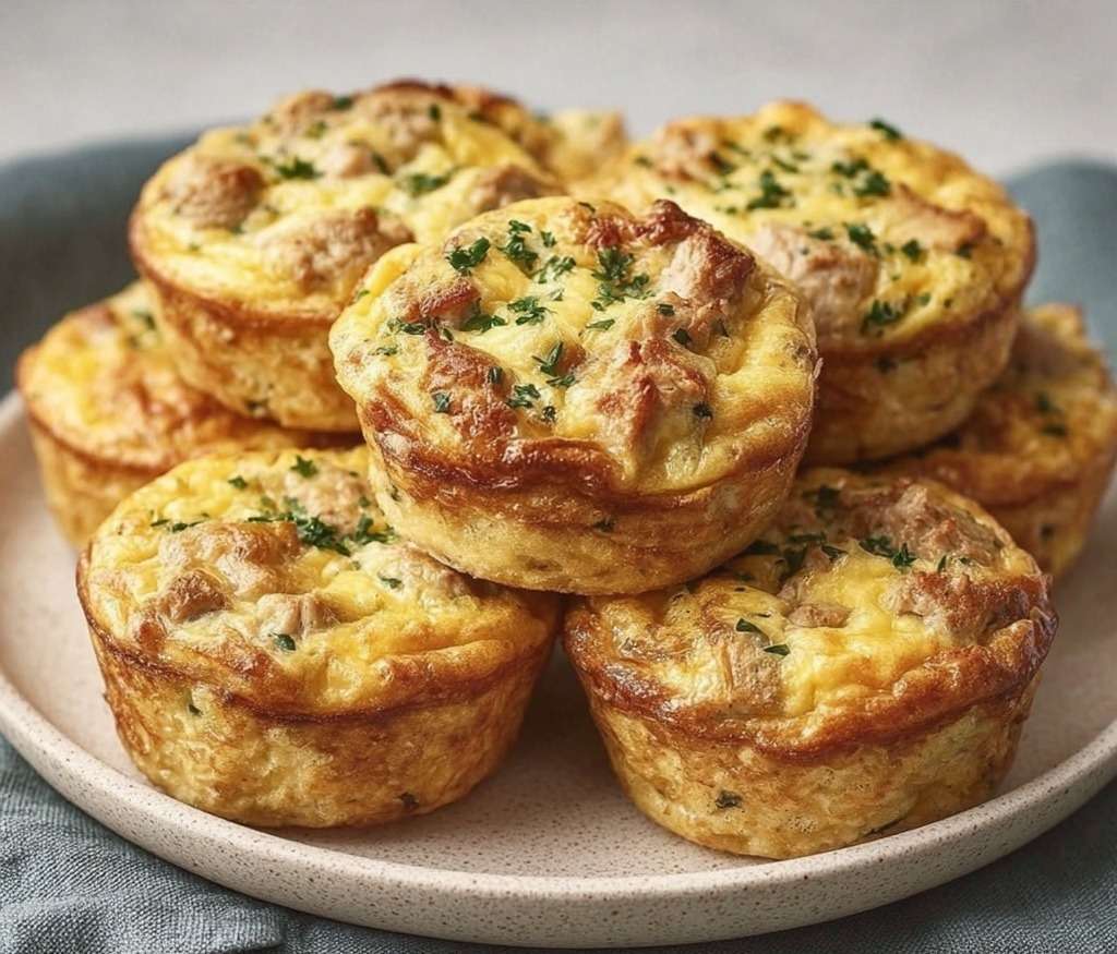 Muffins d’omelette au thon dorés et moelleux, garnis d’herbes et de fromage, servis chauds dans un moule à muffins.