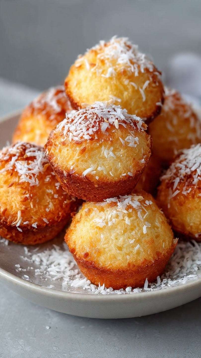 Petits gâteaux portugais à la noix de coco dorés, moelleux, avec texture légèrement croustillante sur le dessus et intérieur fondant.