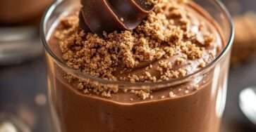 Verrines mousse chocolat avec base de spéculoos croustillante, mousse onctueuse et décoration de copeaux de chocolat et biscuits émiettés.