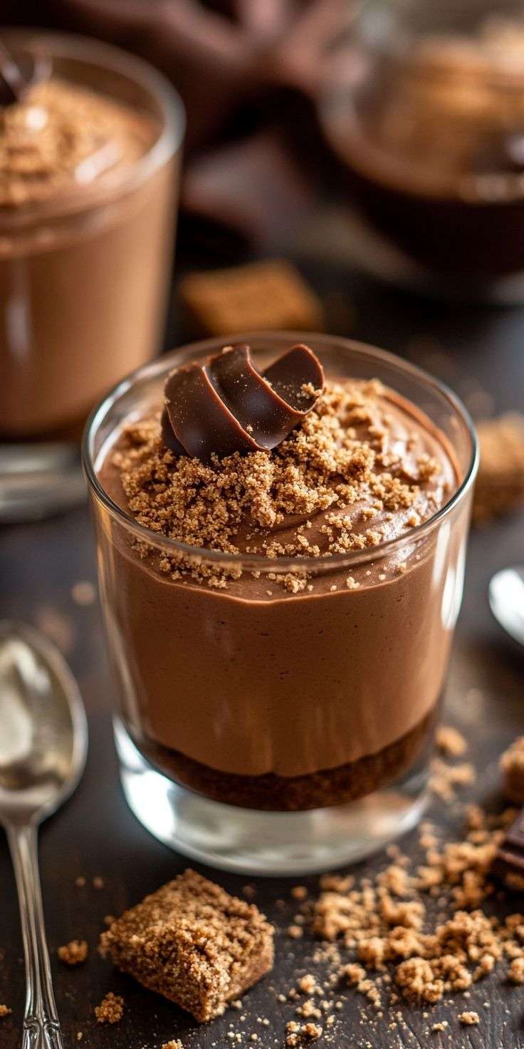 Verrines mousse chocolat avec base de spéculoos croustillante, mousse onctueuse et décoration de copeaux de chocolat et biscuits émiettés.