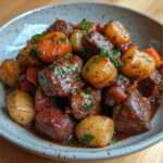 Plat de paleron de bœuf mijoté servi avec pommes de terre fondantes, carottes, petits oignons et sauce brune brillante, parsemé de persil frais.